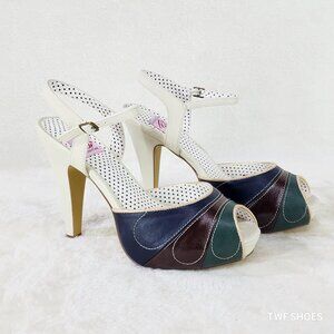 Pin Up Girl Cream Platform Dance Heels Ankle Strap High Heel Shoes